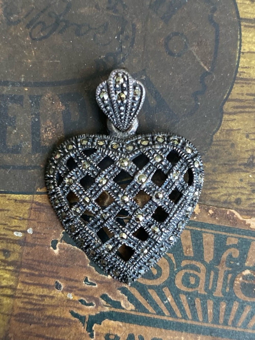 Vintage Sterling Silver Marcasite Lattice Heart Pendant